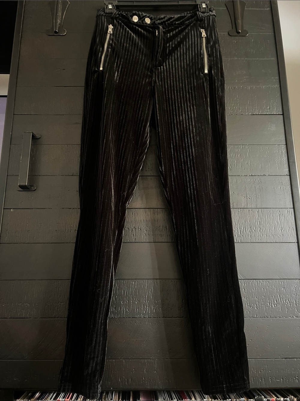 Maniere De Voir Black Ribbed Velvet Skinny Pants with Zip Details